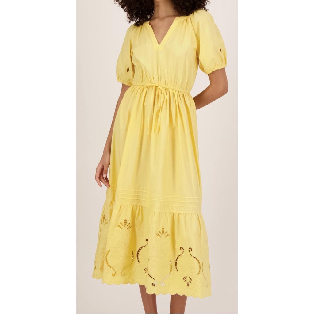 Moon River Lemon Yellow Eyelet Midi Dress With Puff Sleeves, Floral Cutouts